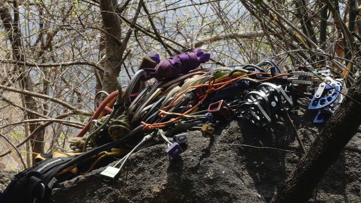 Hex climbing anchor set rigged with dyneema sling on belay ledge